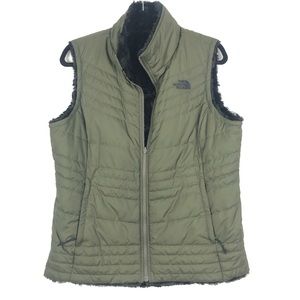 THE NORTH FACE reversible faux fur olive green puffer vest black fur lining G12